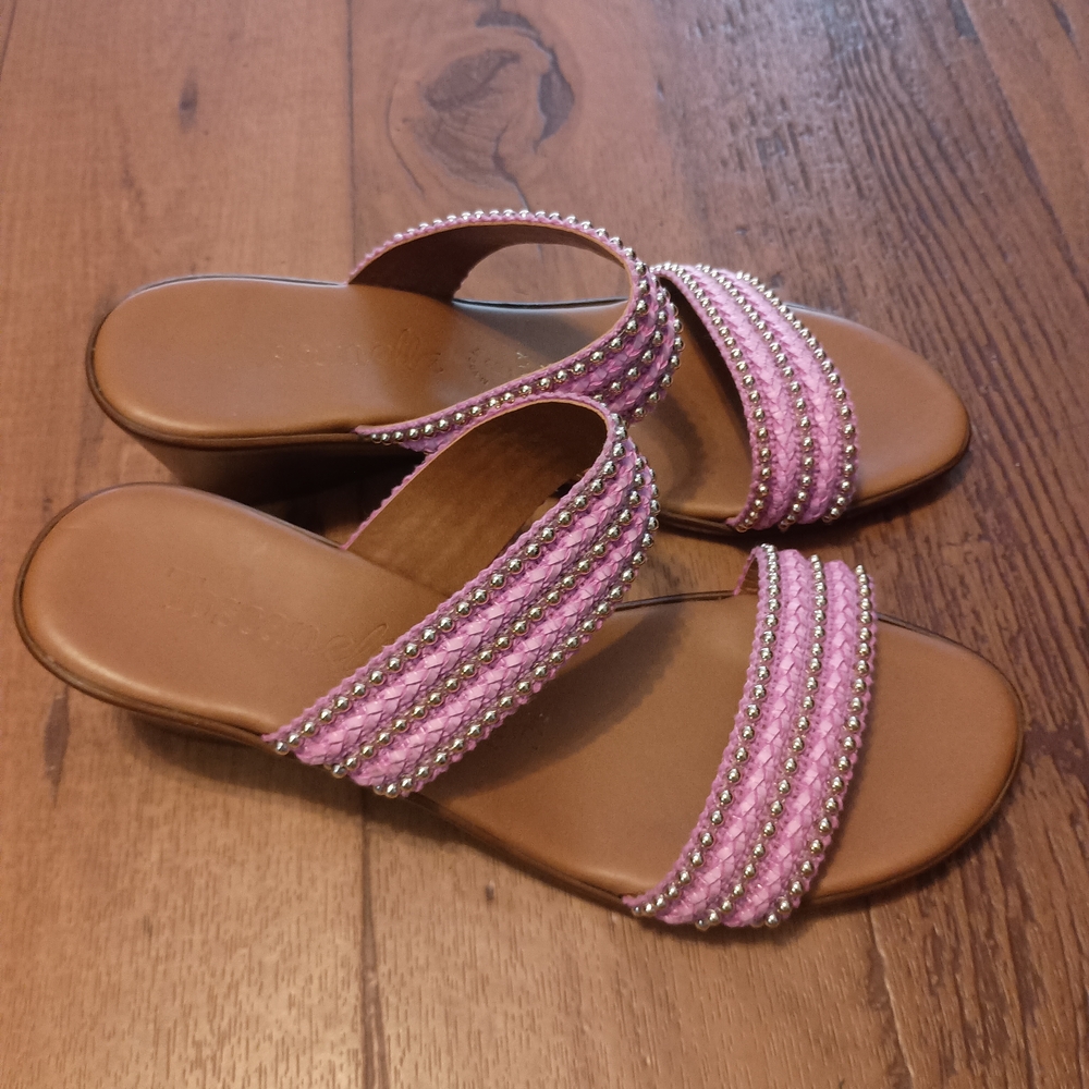 Toscanella Women's Sandals Mimma Double Band Wedge Pink Gold Women's Size 7.5